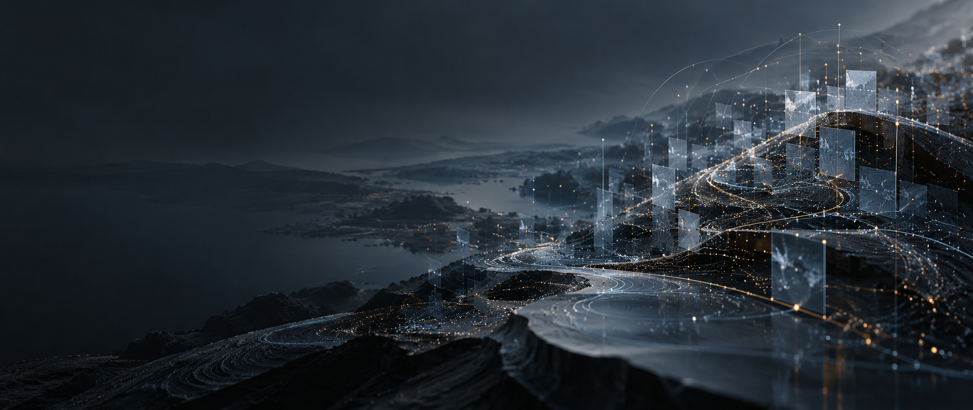 A dark coastal landscape at dusk overlaid with fine luminous data paths and translucent evidence panels, suggesting signals being structured across terrain.