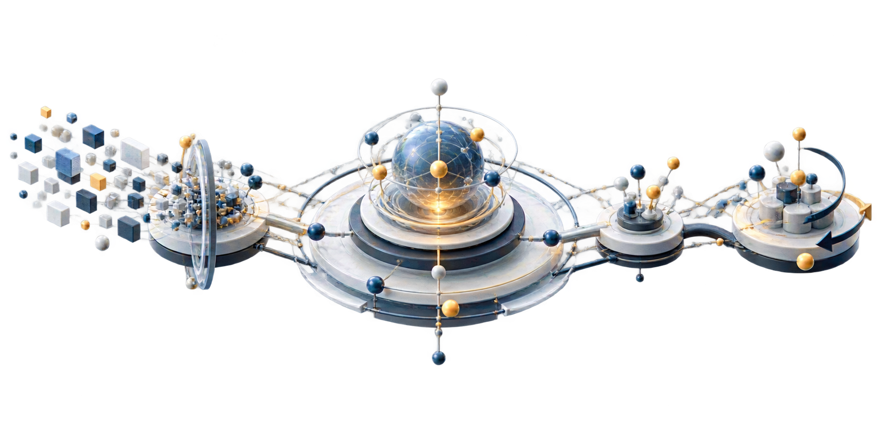 Illustration of a structured system: scattered blocks of information enter on the left, pass through a filtering ring into a central sphere of related nodes, then flow to smaller stations and a returning loop.